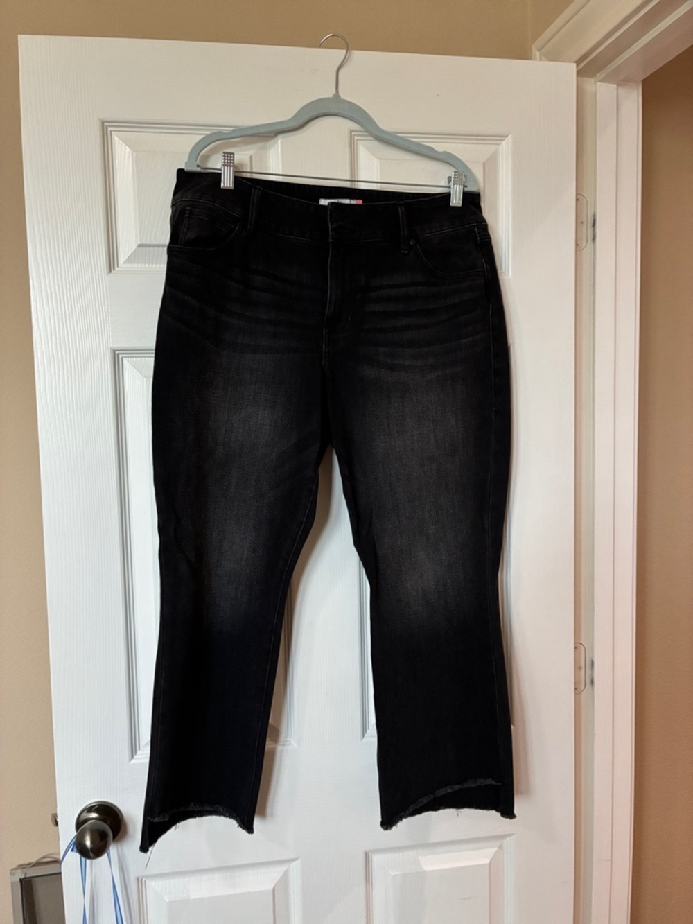 CAbi 4519 hi lo Washed Black Flare Jeans with Raw Cropped Hem